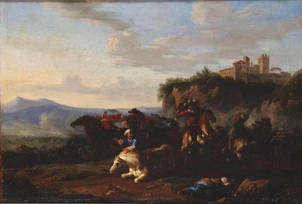 Scena di battaglia e castello sulla collina